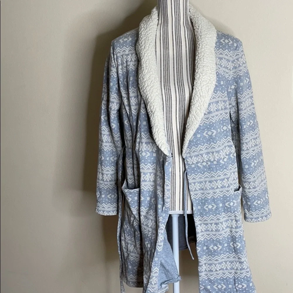 TALBOTS Snowflake Robe Sherpa Edging Wrap Belted Blue Size L